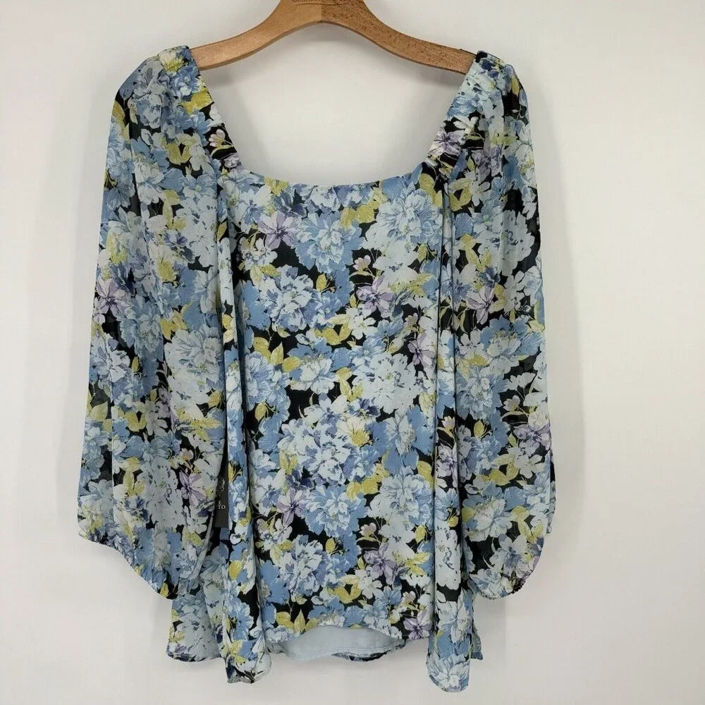 Vince Camuto Womens V Neck Balloon Sleeve Floral Blouse Plus Size 2X New